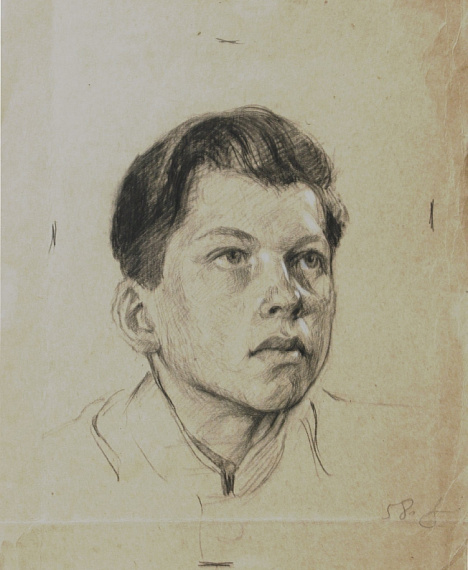 Голова Мальчика. 1958 г.  Бумага, уголь, мел. 29 х 24 см